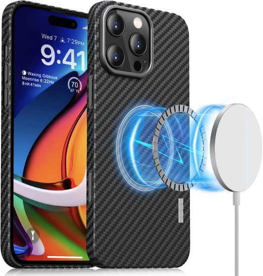 Funda Magnética memumi para iPhone 16 Pro de Fibra de Carbono, Compatible con Mag-Safe, Cubierta Resistente y Duradera para iPhone 16 Pro, Estuche de Fibra de Aramida con Protección Militar Contra Caídas, Negro